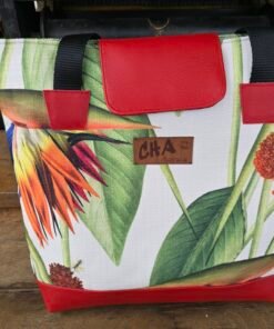 Upcycled Handbags - Cream Bird of Paradise/Bananas - Red vinyl