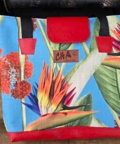 Upcycled Handbags - Turquoise Bird of Paradise/Pineapples Red Vinyl