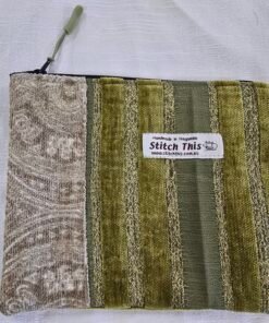 Upcycled Upholstery Fabric Zippered Pouch - Green/Olive Stripe