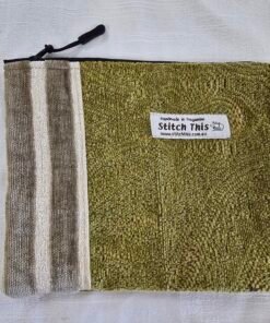 Upcycled Upholstery Fabric Zippered Pouch - Olive/Creqam Stripe